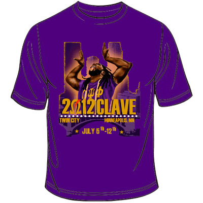 A purple t-shirt with an image of a man flexing his muscles.