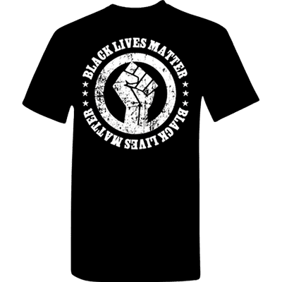 A black lives matter t-shirt with a fist.