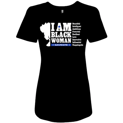 A black woman is wearing a t-shirt with the words " i am black woman ".