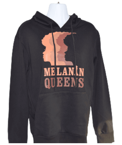 A black hoodie with the words " melanin queens ".