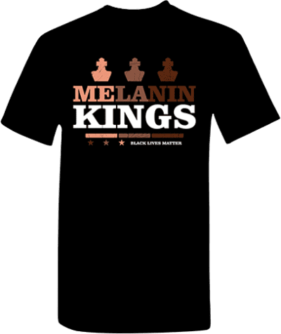 A black shirt with the words melanin kings on it.