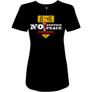 A black shirt with the number 8 : 4 6 and the time of justice for peace.