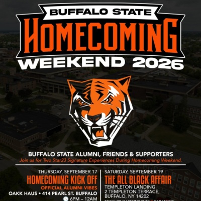 Buffalo State Homecoming Weekend 2026 flyer featuring Star 23 Enterprise events including Homecoming Kickoff and All Black Affair in Buffalo, NY