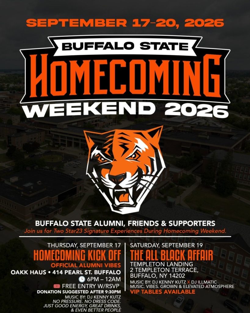 Buffalo State Homecoming Weekend 2026 flyer featuring Star 23 Enterprise events including Homecoming Kickoff and All Black Affair in Buffalo, NY