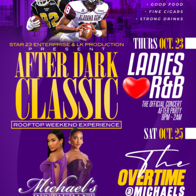 After Dark Rooftop Weekend Experience at Michaelβs Restaurant in Birmingham during Magic City Classic 2025 β grown and sexy crowd enjoying rooftop views, food, cigars, and music by DJ JIMI