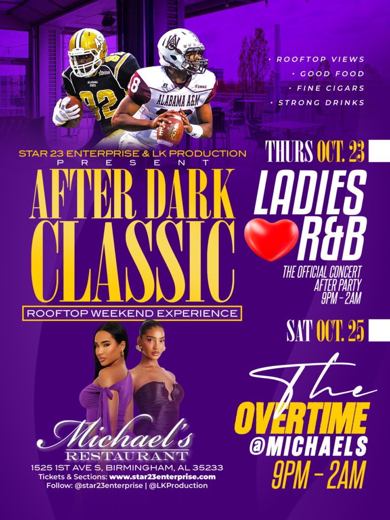 After Dark Rooftop Weekend Experience at Michaelβs Restaurant in Birmingham during Magic City Classic 2025 β grown and sexy crowd enjoying rooftop views, food, cigars, and music by DJ JIMI