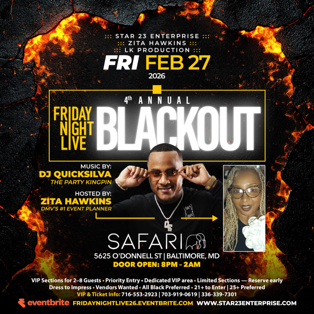 Crowd partying at the Friday Night Live Blackout during the Baltimore HBCU and Greek Weekend Takeover, featuring DJs and all-black upscale nightlife.