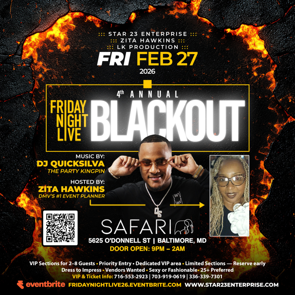 Crowd partying at the Friday Night Live Blackout during the Baltimore HBCU and Greek Weekend Takeover, featuring DJs and all-black upscale nightlife.