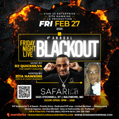 Crowd partying at the Friday Night Live Blackout during the Baltimore HBCU and Greek Weekend Takeover, featuring DJs and all-black upscale nightlife.