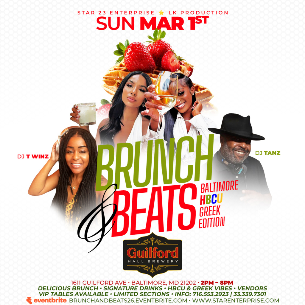 Brunch and Beats Baltimore HBCU Greek Edition flyer for Sunday day party at Guilford Hall Brewery