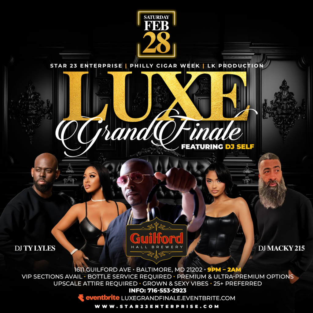 The Luxe Grand Finale Saturday night party flyer for Baltimore HBCU & Greek Weekend Takeover at Guilford Hall Brewery