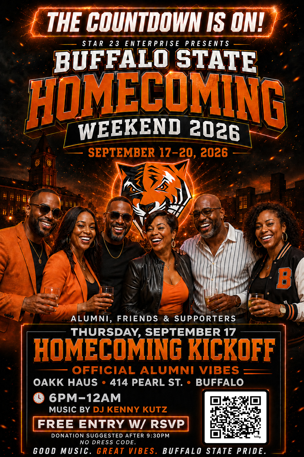 Buffalo State Homecoming 2026 flyer featuring alumni in orange and black, promoting the September 17 kickoff at Oakk Haus in Buffalo, 6 PM–12 AM, with DJ Kenny Kutz and free entry with RSVP.