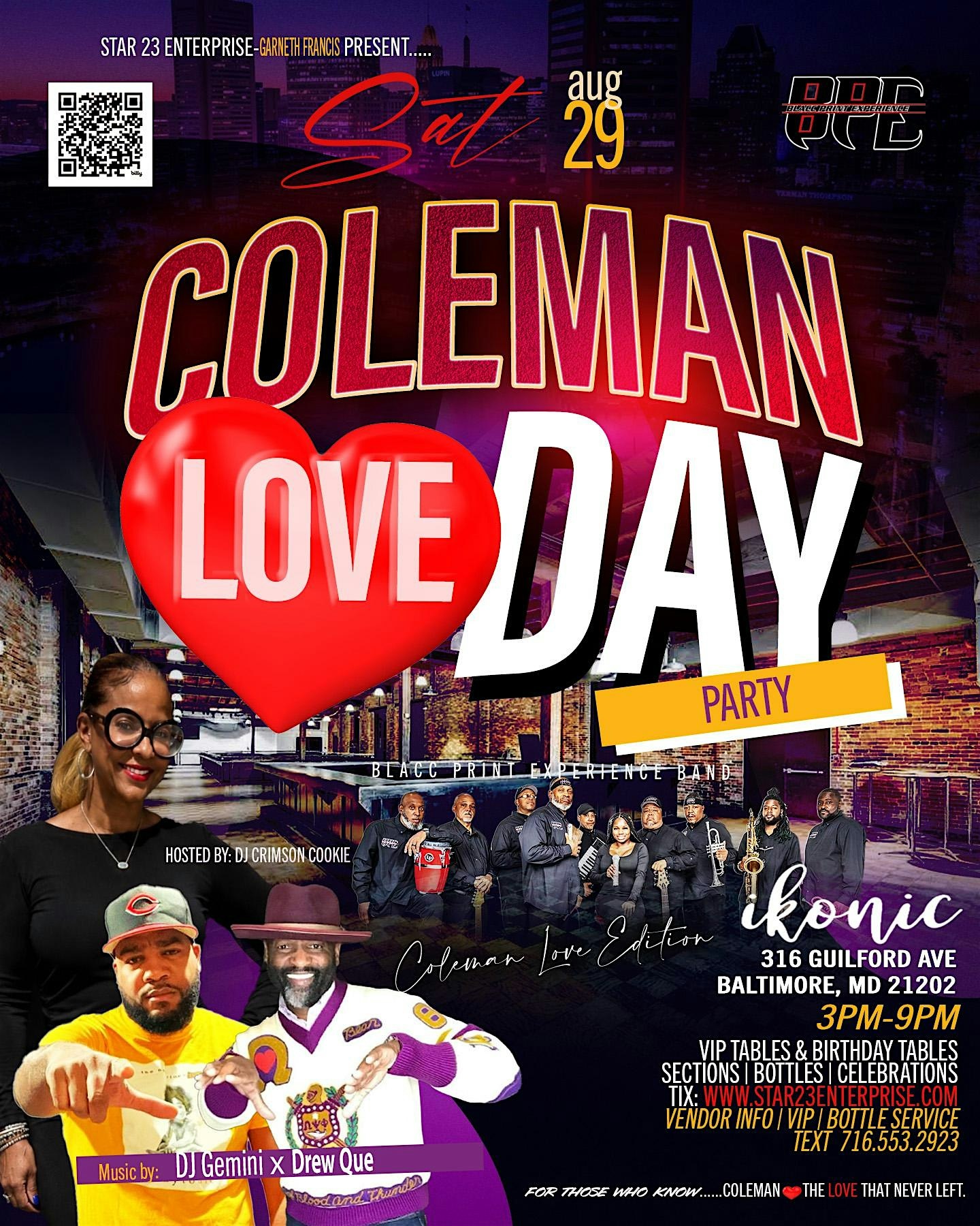 Coleman Love Day Party Baltimore August 29 at Ikonic featuring Blacc Print Experience Band, DJ Gemini and Drew Que