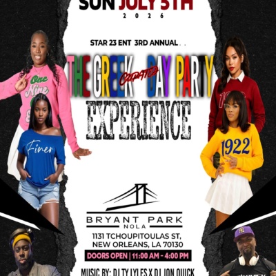 The Greek Day Party Curated Experience flyer for Sunday, July 5, 2026 at Bryant Park NOLA in New Orleans featuring DJ Ty Lyles and DJ Jon Quick