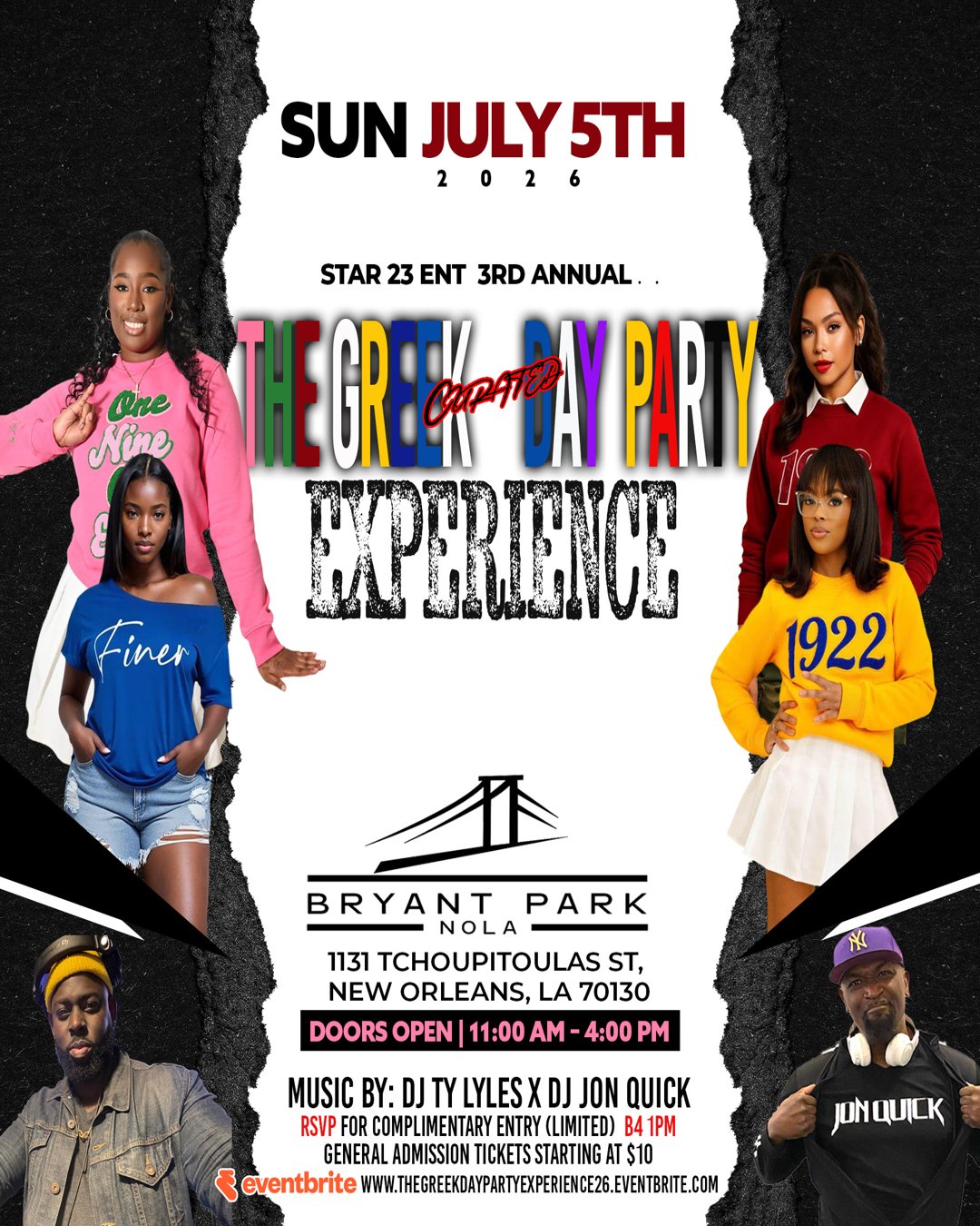 The Greek Day Party Curated Experience flyer for Sunday, July 5, 2026 at Bryant Park NOLA in New Orleans featuring DJ Ty Lyles and DJ Jon Quick